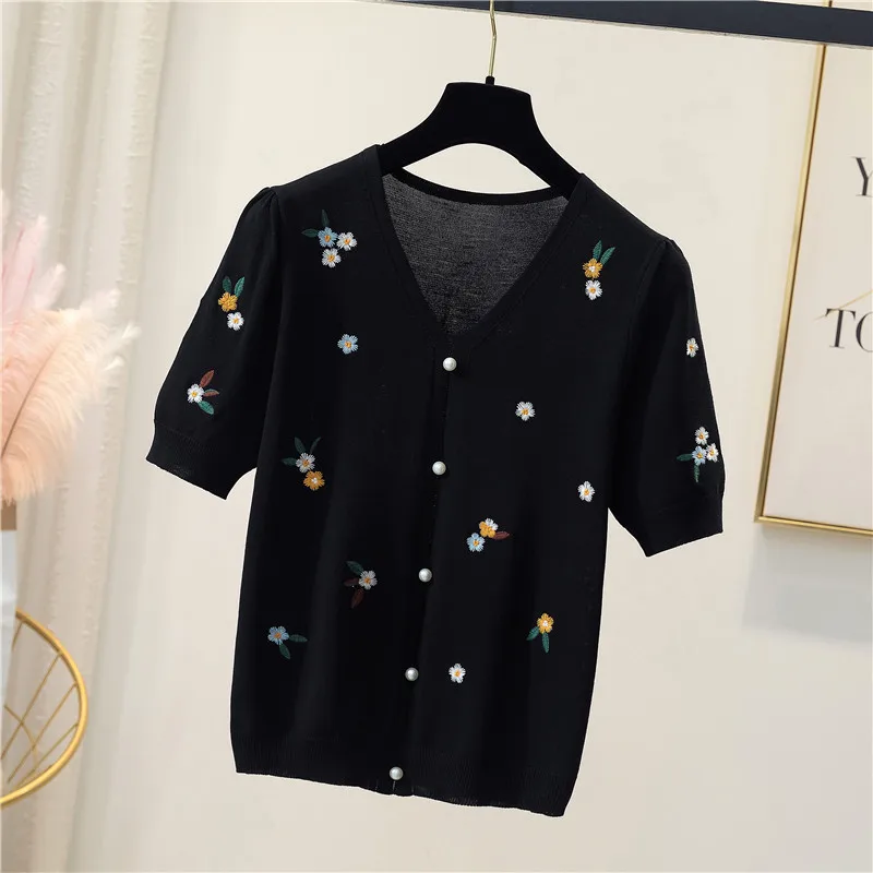 2021 Summer Sweet Flower Knit Sweater Fashion Pearl Beading Flower Thin Knitted Pullover Crop Top Femme V-neck Short Sleeve Top