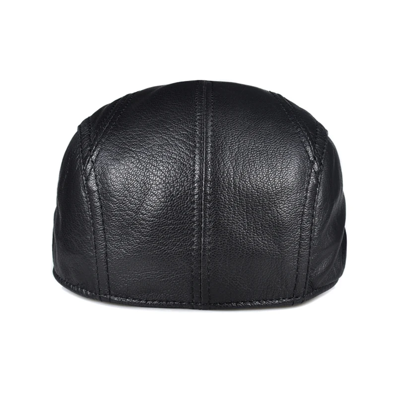 New Genuine Leather Windproof Duckbill Berets Man Cap Cowhide Gorras Black Ear Protection Casquette Hats For Male Drake Boina