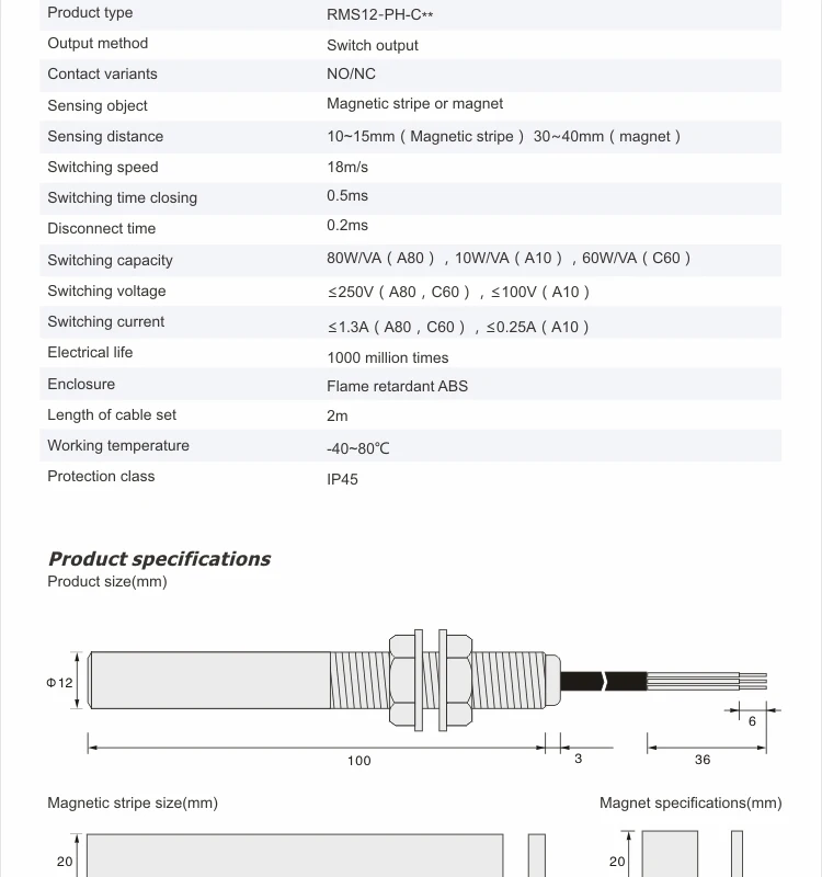 SUMMIT Interruptor de sensor de lengüeta de proximidad magnética, rosca de plástico, cierre Normal, NC RMS12-PH-C60