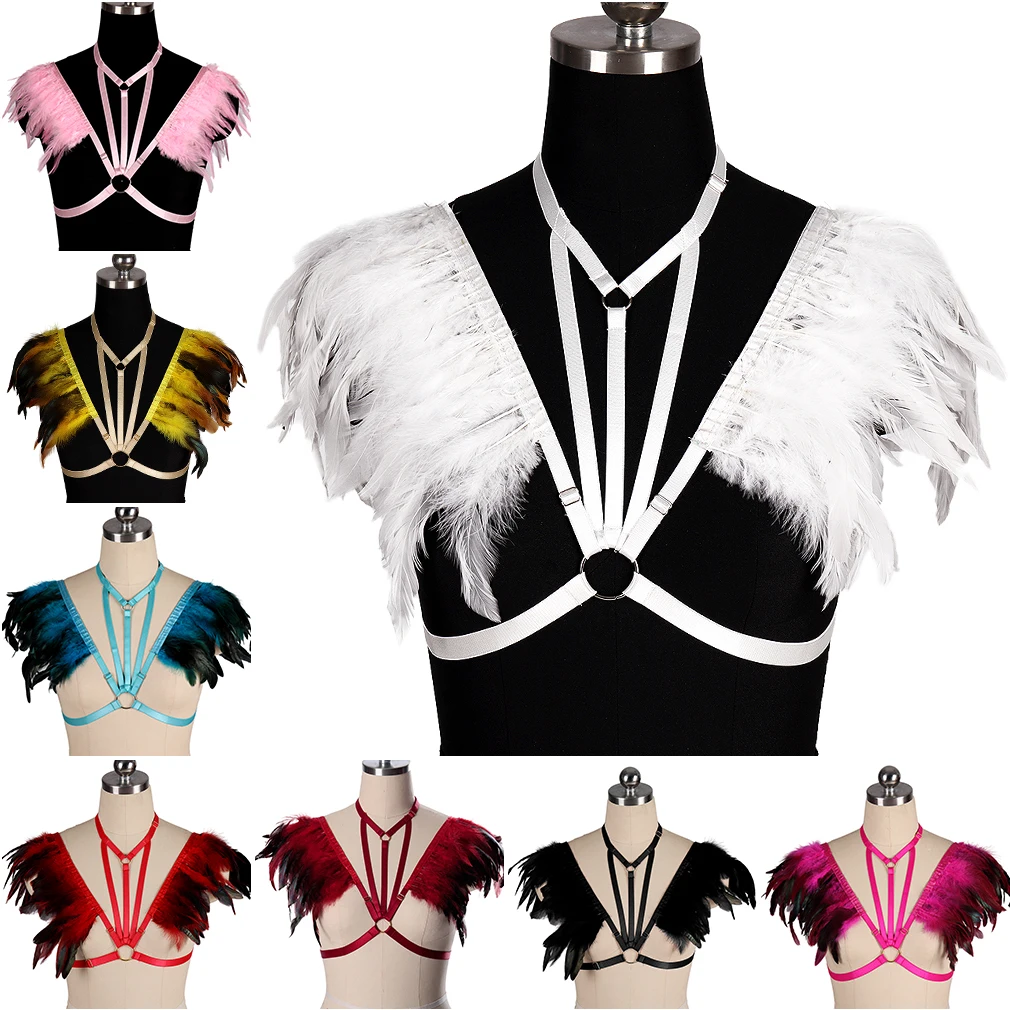 Women Sexy Color Stretch Feather Harness Bra Hot Midnight Dance Club Cosplay Fashion Quality Bra