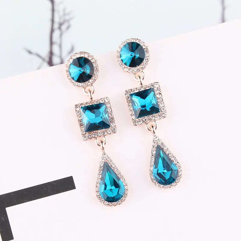 LUBOV Long Earrings White Blue Three Square CZ Stone Crystal Dangle Drop Earrings for Women Fashion Pendientes Jewelry Christmas