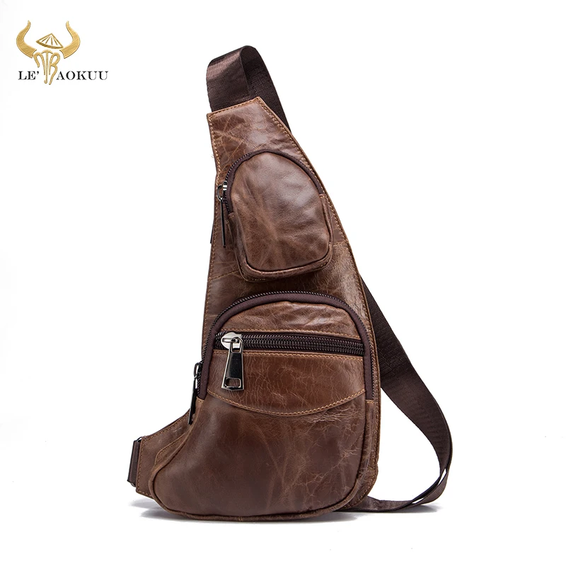 

Hot Sale Top Quality Leather Men Casual Fashion Travel Triangle Chest Sling Bag Design One Shoulder Strap Bag Daypack Male 2021