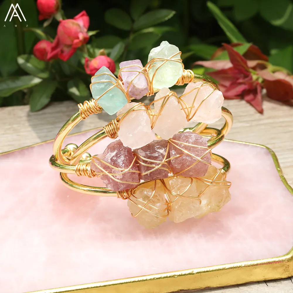 

Fashion Women Fluorite Stone Chunky Beads Gold Cuff Bangles Natural Amethysts Citriens Quartz Open Bangles Bracelets Jewelry