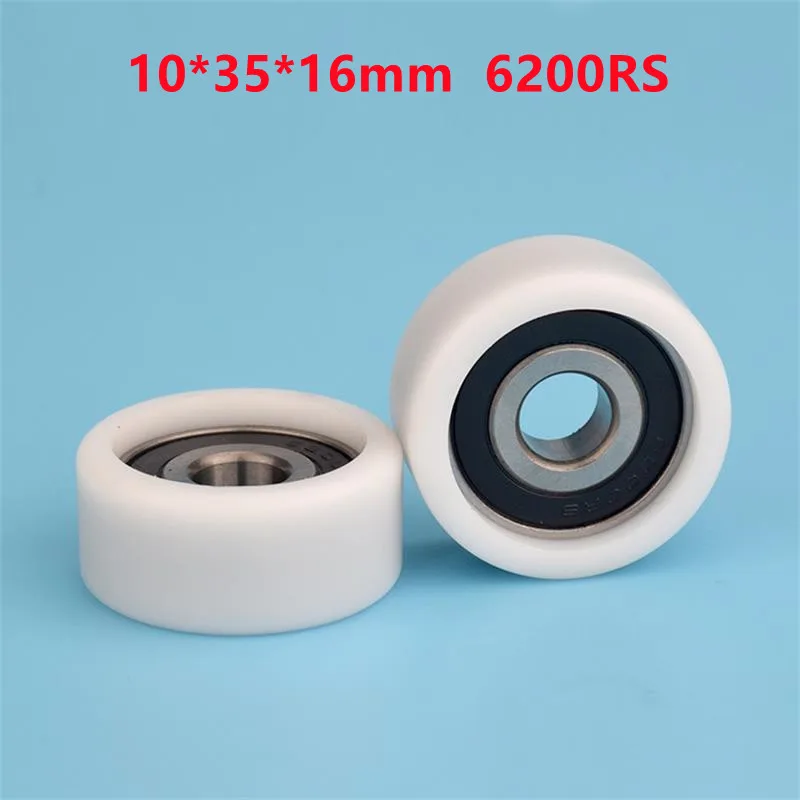 10pcs Flat Roller 10*35*16mm 6200RS 6200 Bearing PA66 POM Plastic Coated Pulley Guide Wheel 10x35x16mm