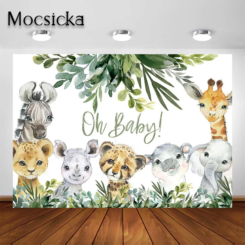 Mocsicka Jungle Safari Oh Baby Backdrop Woodland Forest Animals Green Leaves Birthday Party Photo Shoot Background Decorations