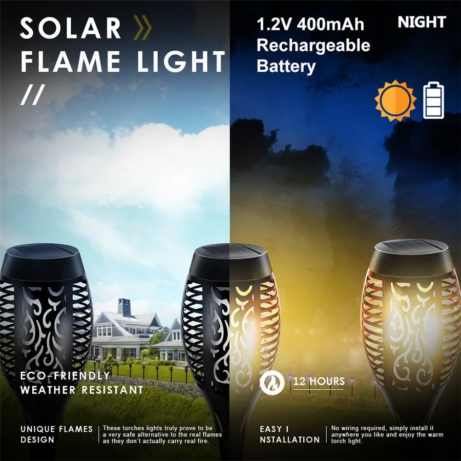 Outdoor LED Solar Torch Lights, Waterproof Flickering Flames Lights, Decoração de paisagem Lanternas Crepúsculo para Amanhecer Aut