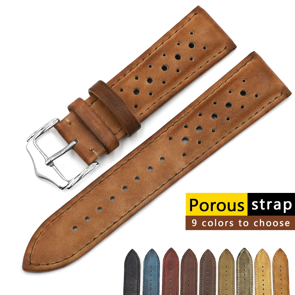 High Quality Genuine Leather Watch Band Strap 20mm 22mm 24mm Porous Breathable Handmade Stitching Watch Bracelet Accessories