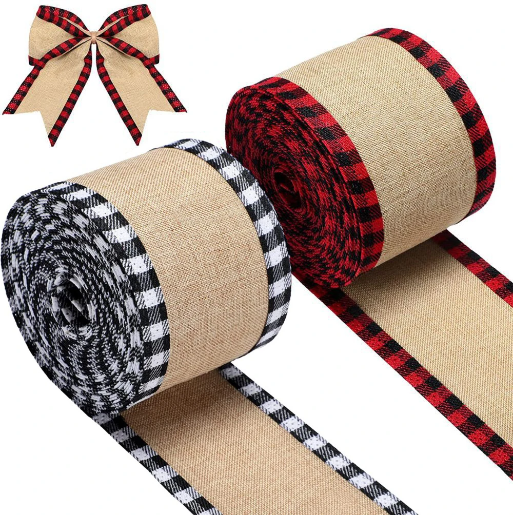 2 Yard Christmas Buffalo Plaid Wired Edge Ribbons Burlap Lace Fabric Craft Wrapping Ribbon Rolls with Checkered Edge 6.3CM Wide