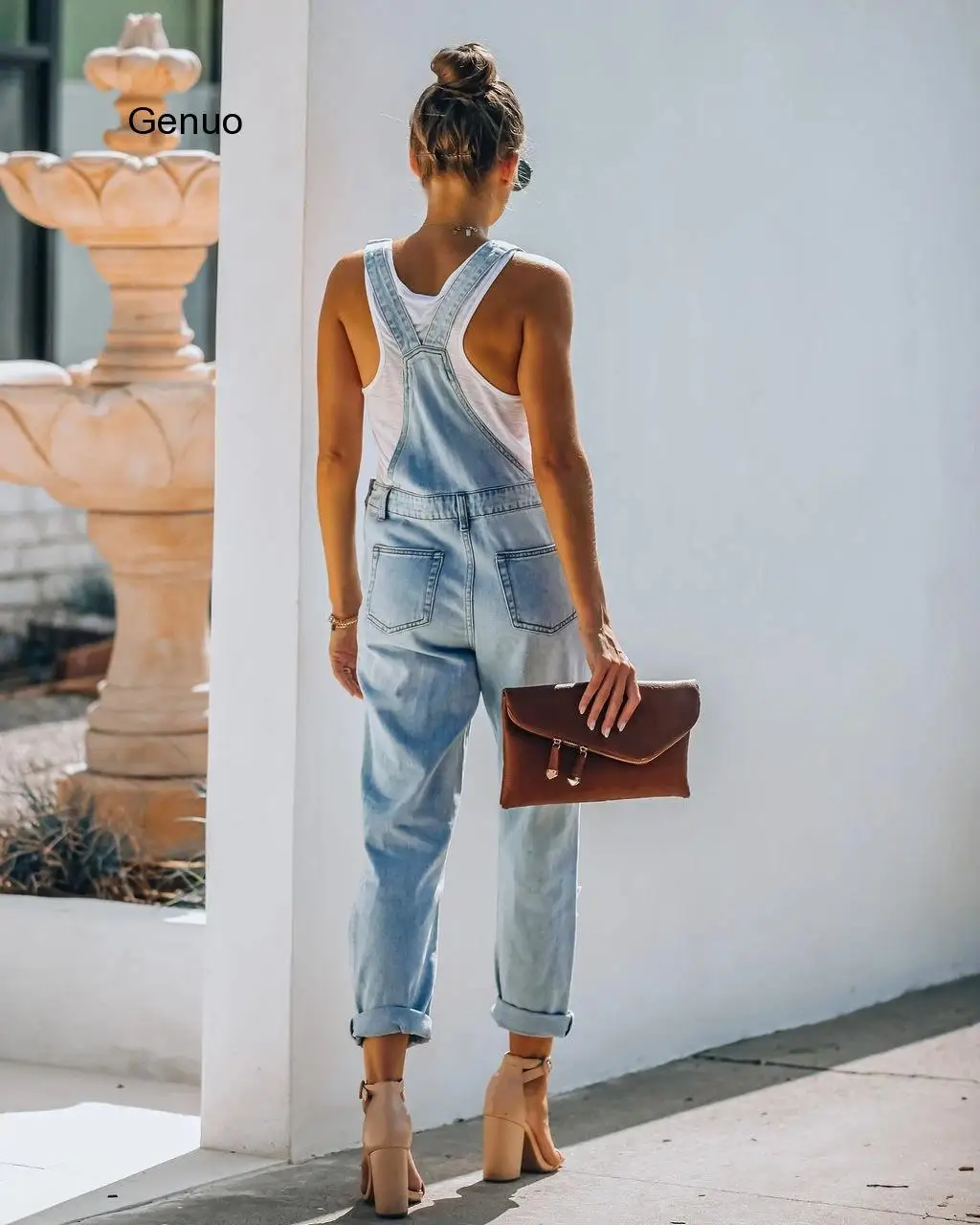 Vrouwen Denim Jumpsuits Hollow Out Ontwerp Zakken Decor Sling Mouwloze Backless Effen Kleur Mode Toevallige Rechte Jumpsuits