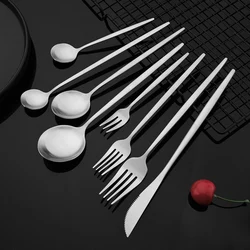 Matte Silver Dinnerware Dining Cutlery Set Stainless Steel Silverware Knife Spoon Fork Set Flatware Salad Fork Tableware Set