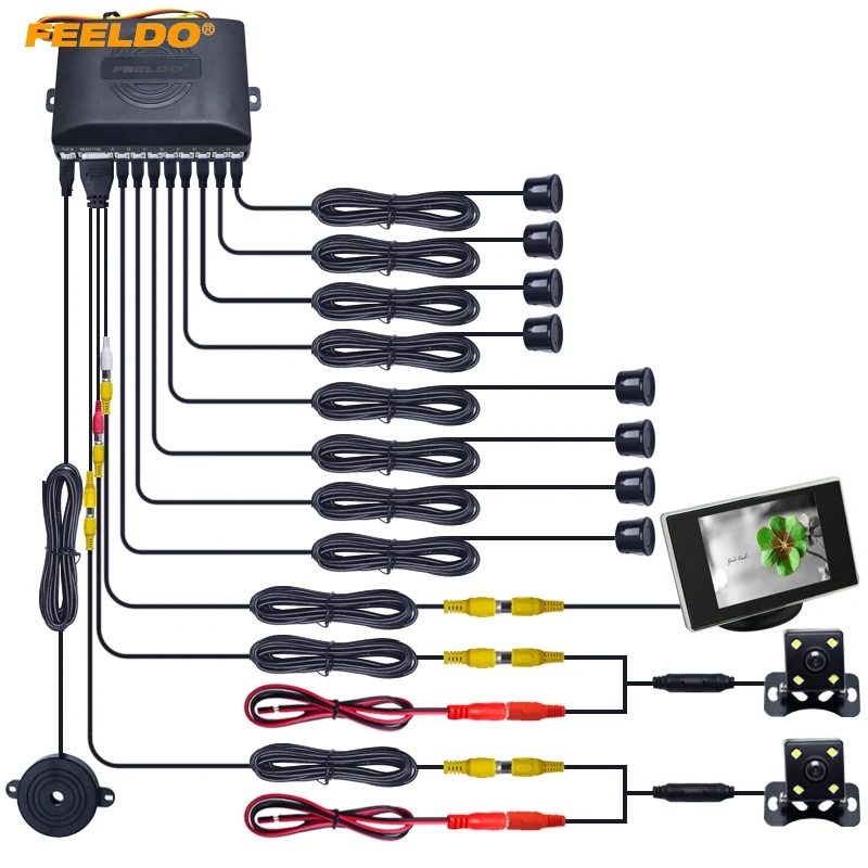 

FEELDO 1Set Car 8 Sensors/4-LED CCD Camera/3.5" Monitor Front&Rear Dual View Parking Sensor Rear View System #FD-4449