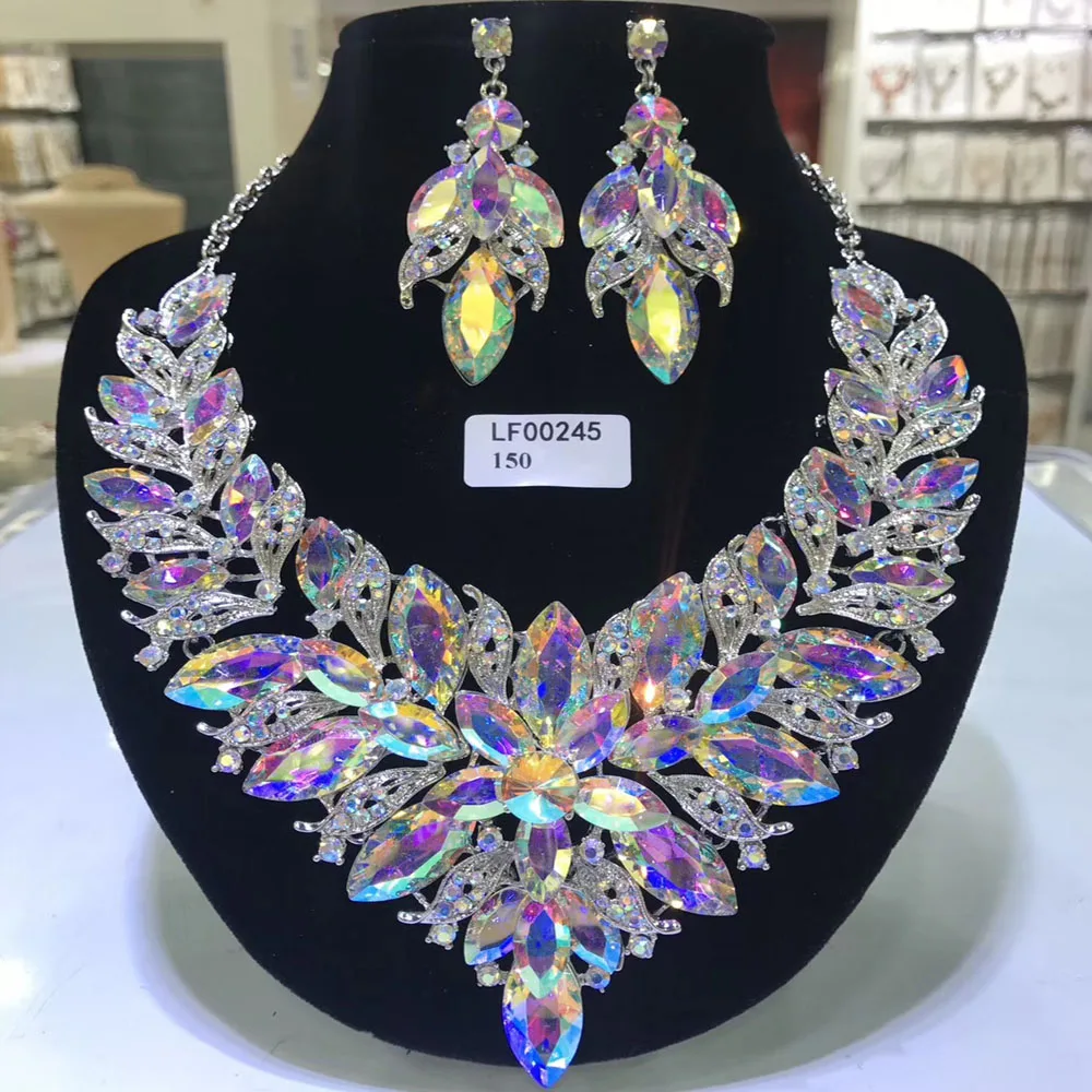 Rhinestone Jewelry Set Women Wedding Bride Jewelry Set Fashion Big Necklace Fine Wedding Earring Fashion African Wedding Jewelry