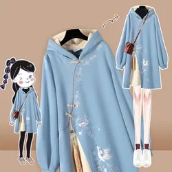 Çin tarzı Hoodies dikiş Vestido Cheongsam büyük boy nakış kazak elbise bahar kadınlar toka kalın elbiseler