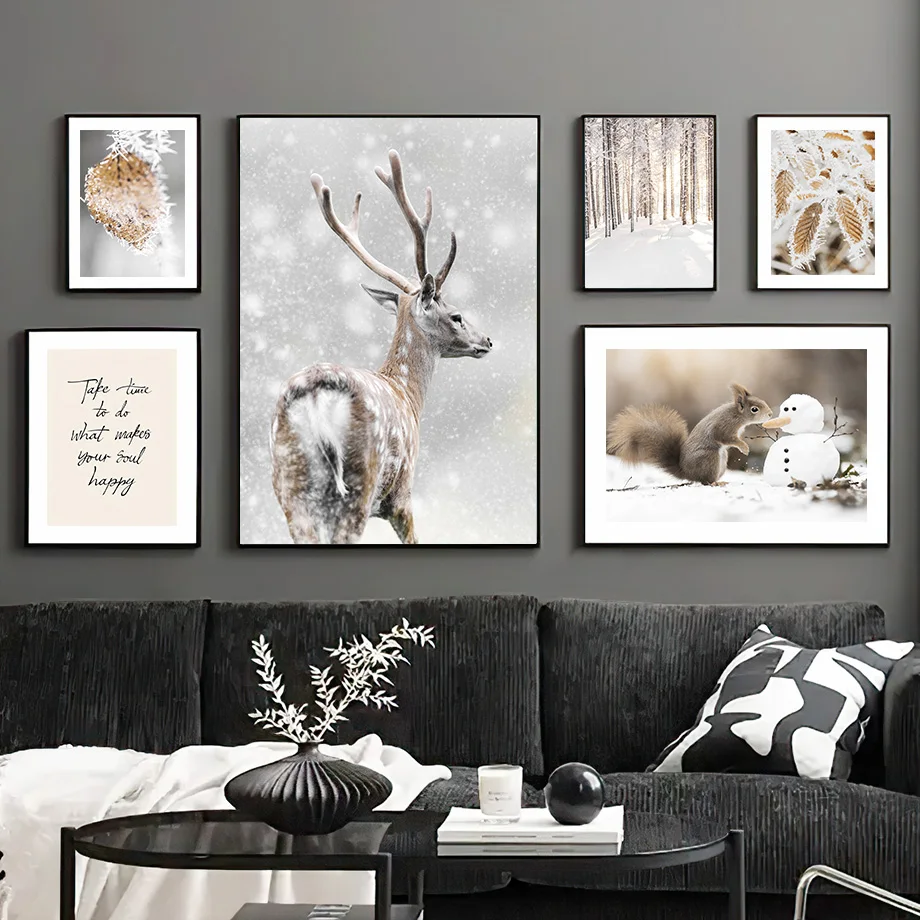 Winter Snow Pine Forest Deer Squirrel House Wall Art Canvas Painting Nordic Poster And Print Pictures For Living Room Home Decor