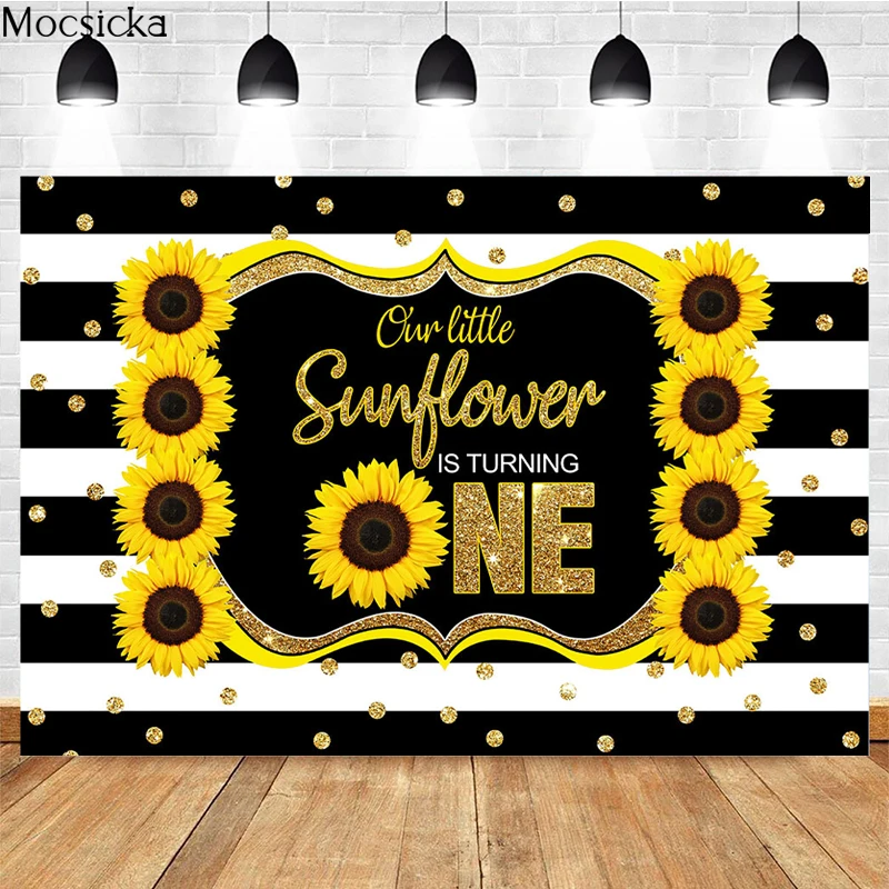 Mocsicka 1st Birthday Photography Background Striped Sunflower Decoration Props Children's Birthday Party Photo Backdrop Studio