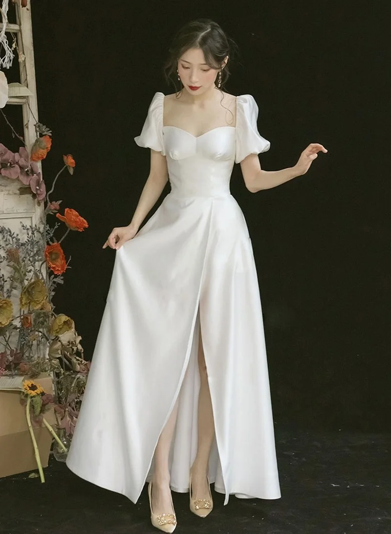 Người Yêu Satin Tay Ngắn Tầng Dài Chữ A Satin Hở Lưng Váy Cưới Cô Dâu Bầu Vestidos De Novia