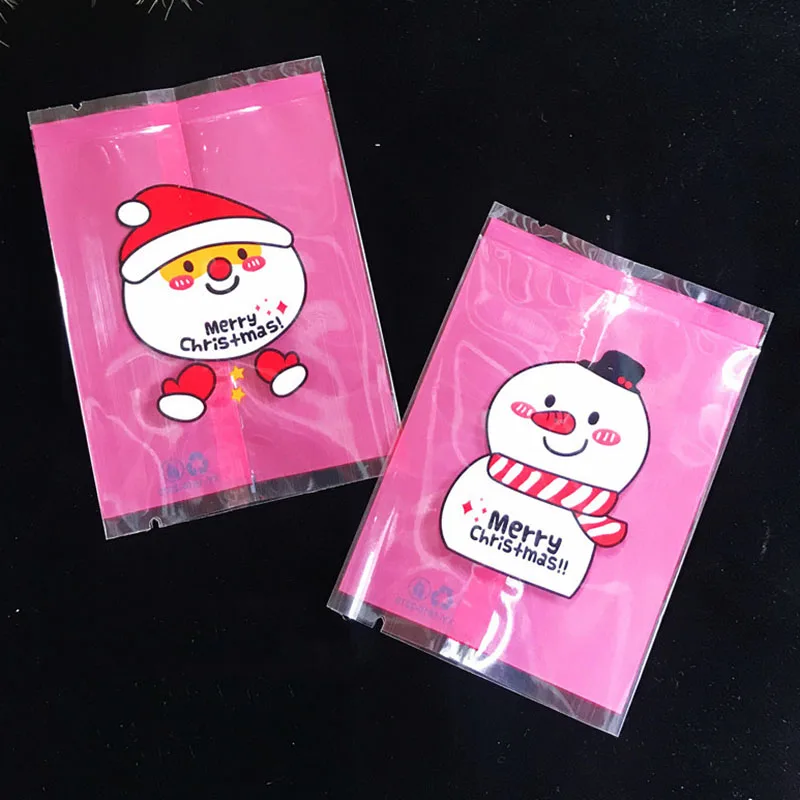 100pcs/lot Pink Frosted Cartoon Homemade Snowflake Crispy Cute Santa Claus Snowman Nougat Wrapping Paper Transparent Goodie Bags