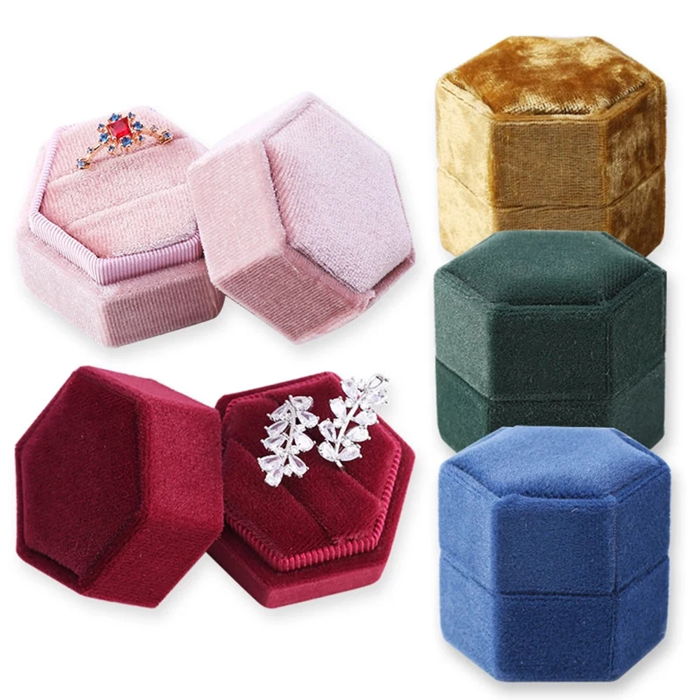 Hexagon Shape Velvet Jewelry Box Double Ring Storage Box Wedding Ring Display For Woman Gift Earrings Packaging