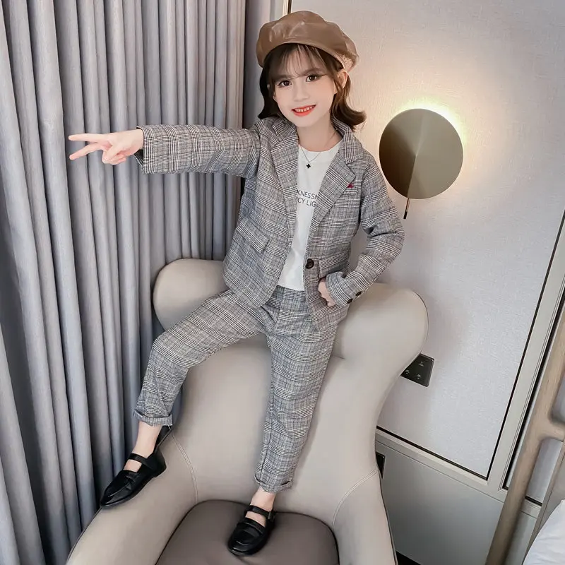 Fashion Wedding Kids Suit Sets for Girls Plaid Formal Suit Jackets+Pants School Blazer Set Girls Clothes Children Clothes 8 10Y