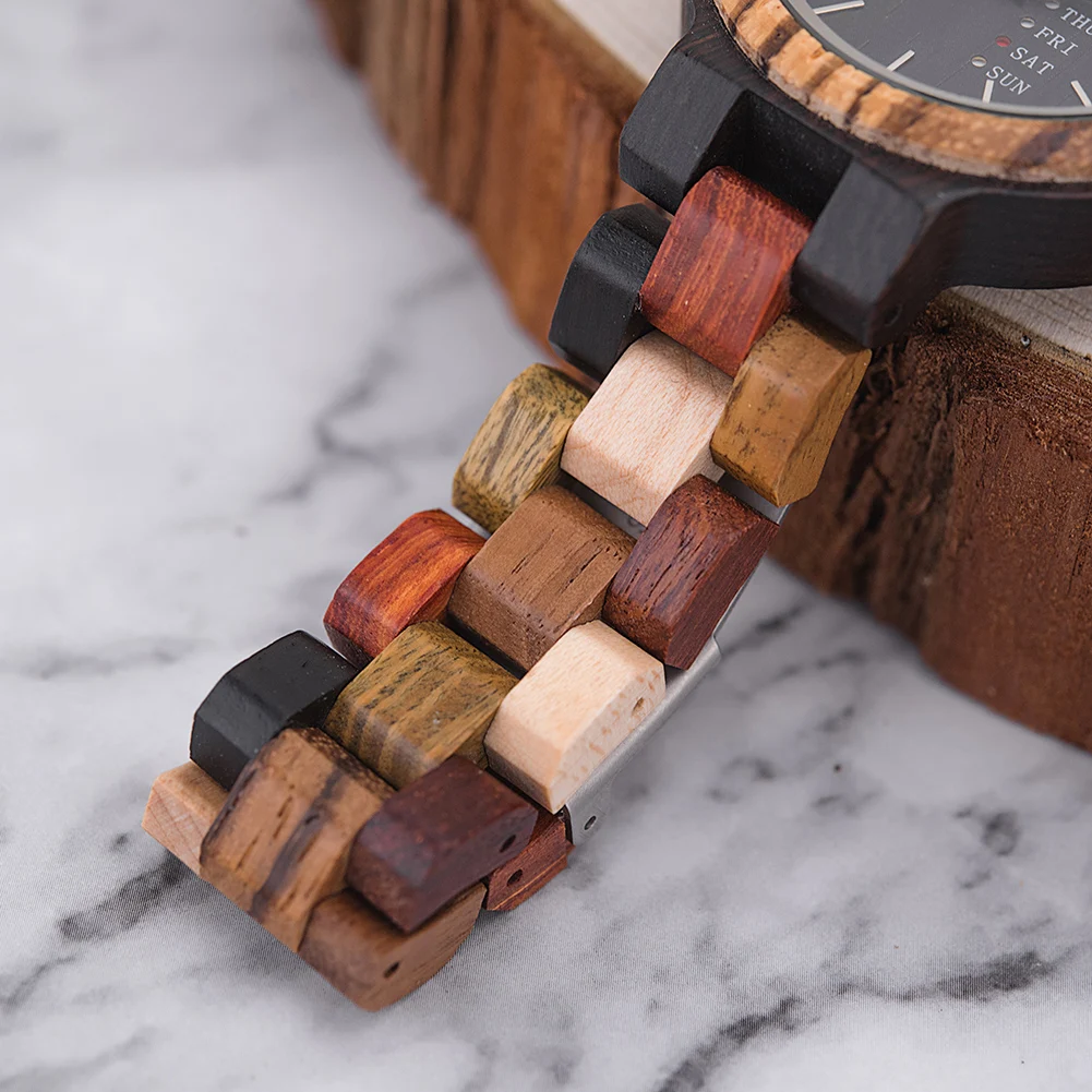 BOBO BIRD Couple Watch Colorful Wooden Strap Watch for Women Week Date Display Quartz Wood Wristwatch for Men Women reloj mujer