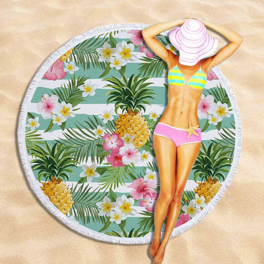 

500G Round Beach Towel Pineapple Tree Leaves Print Bohemia Microfiber SHOWER BATH TOWELS Summer Circle serviette de plage ronde