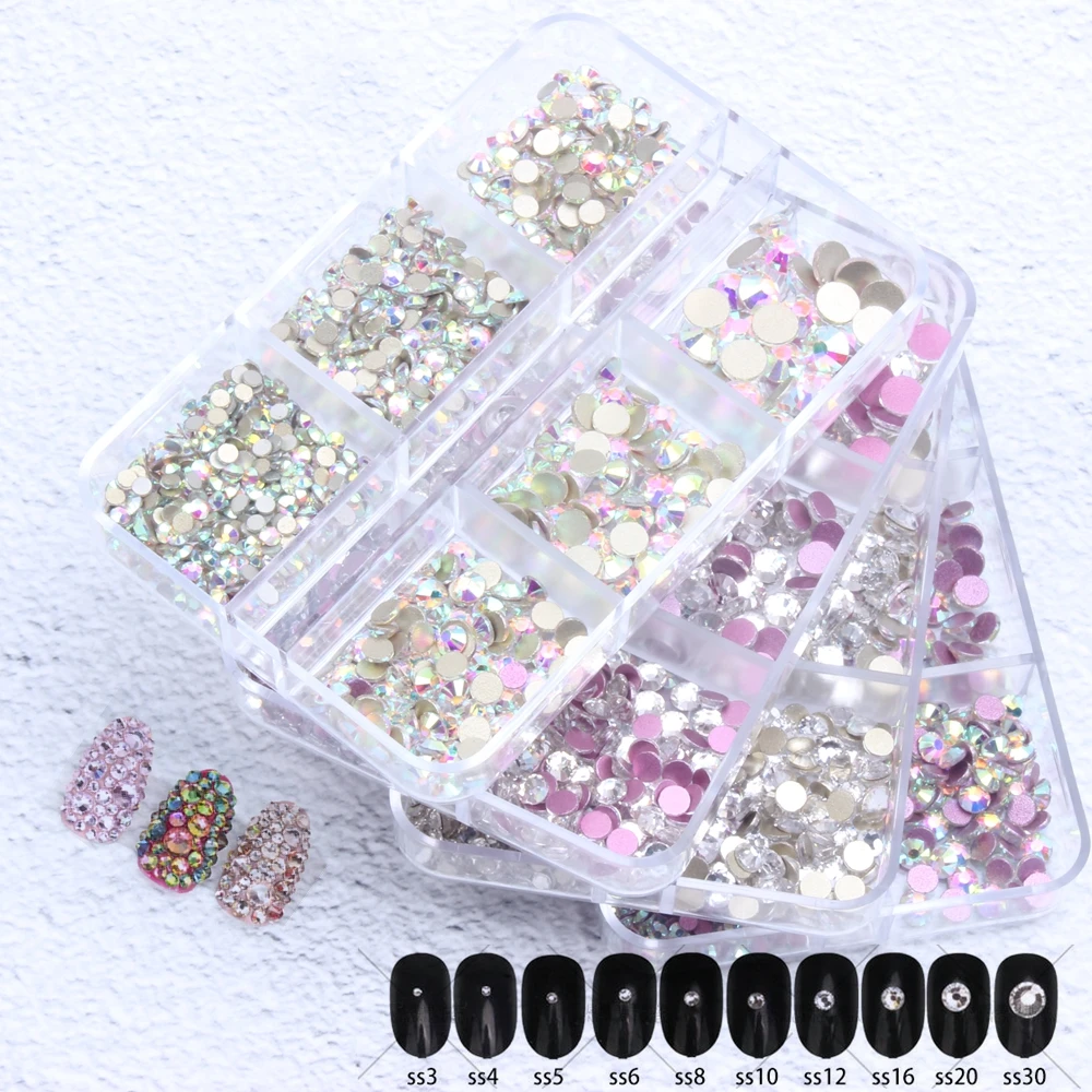 SS3-SS20 Non Hotfix Crystal AB Rhinestones For Nails Art Decorations Round Flatback Glue On Glass Stones DIY Accessories