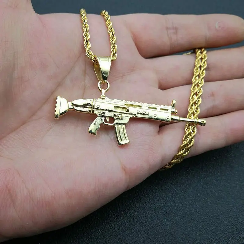 Punk Style Hiphop Gun Weapon scar Rifle Gun Pendant Chain Necklace Men Party Wearriing Golden Color Necklaces