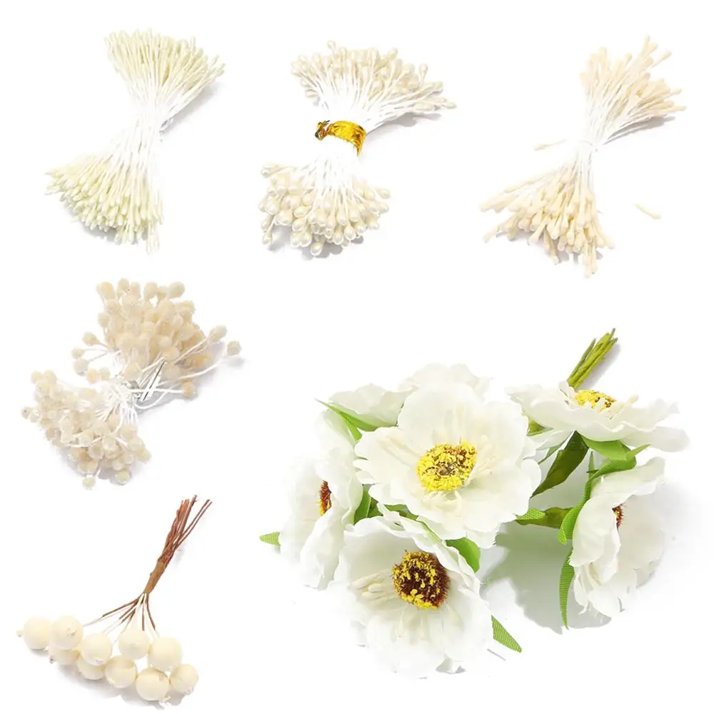 6/10/12/50/60/70/90/144pcs Mixed Beige Flower Cherry Stamen Berries Bundle DIY Christmas Wedding Cake Gift Box Wreaths Decor