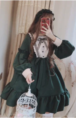 Robe gothique lolita op loli cosplay pour filles, kawaii, douce, vintage, en dentelle, nœud papillon, col rond, robe victorienne