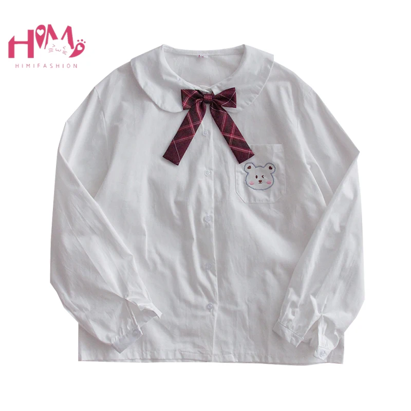 

White Shirts Teen Girls Autumn Long Sleeve Kawaii Bear Blouse Women Tops Harajuku Cute Bow Tie Jk School Uniform Clothes 2020