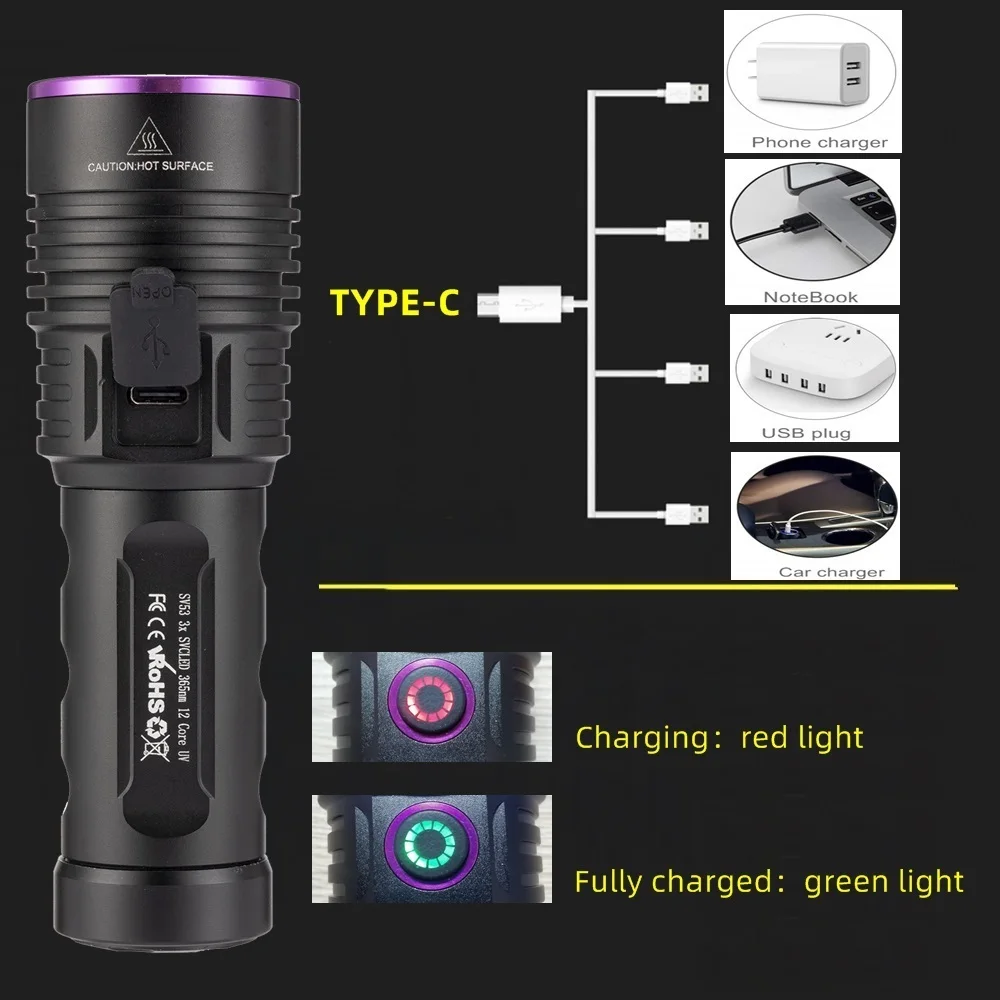 60W Hochleistungs-365nm-UV-Taschenlampe, Schwarzlicht, wiederaufladbar, zur Untersuchung von Katzen- und Hundeflecken, Markierungen, Erz, Geld, Skorpione, Fluoreszenzprüfung – Detail 10