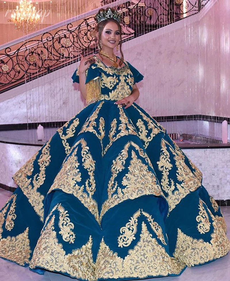 Puffy Short Sleeves Arabic Dubai prom Dresses 2022 Plus Size Luxury Sparkly Gold Lace Applique Tiered Ruffles evening  Gown