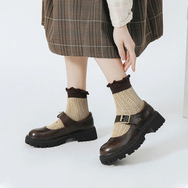 Thick-soled English Leather Shoes Women's Spring 2021 New Mary Jane Round Toe Retro Single Shoes Genuine Leather Vintage