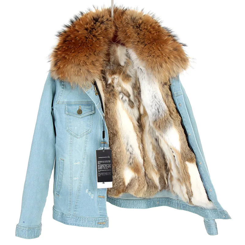 

2020new fashion brand women denim coat girl denim jacket real rabbit fur thick lining raccoon fur collar bomber jacket keep warm