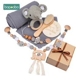 Bopoobo-Desenhos animados de madeira Animal Brinquedos Set, caixa de presente recém-nascido, Chupeta do bebê, Chain Brush, Milestone, fotografia personalizada