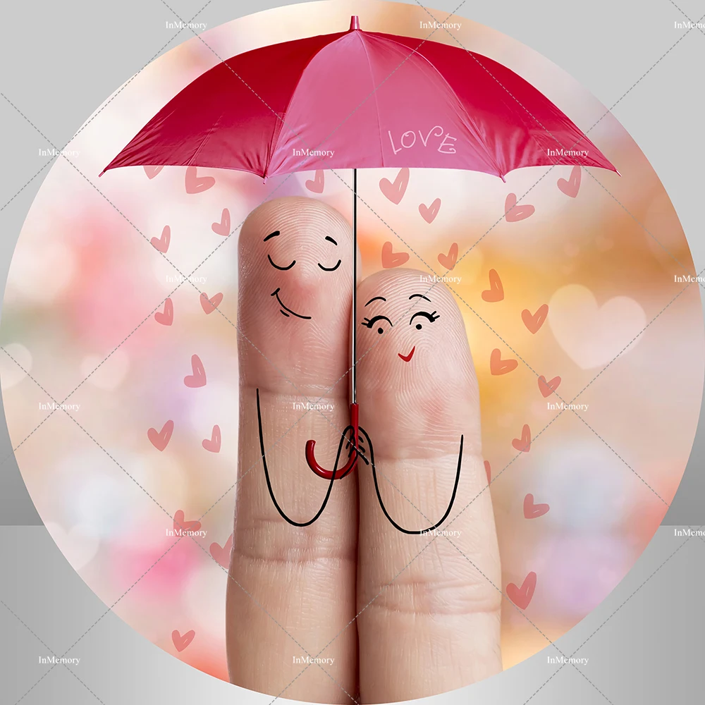 Round Canvas Panel Backdrop for Valentine's Day Passionate Fingers Rain of Hearts Background for Photo Studio Decoration