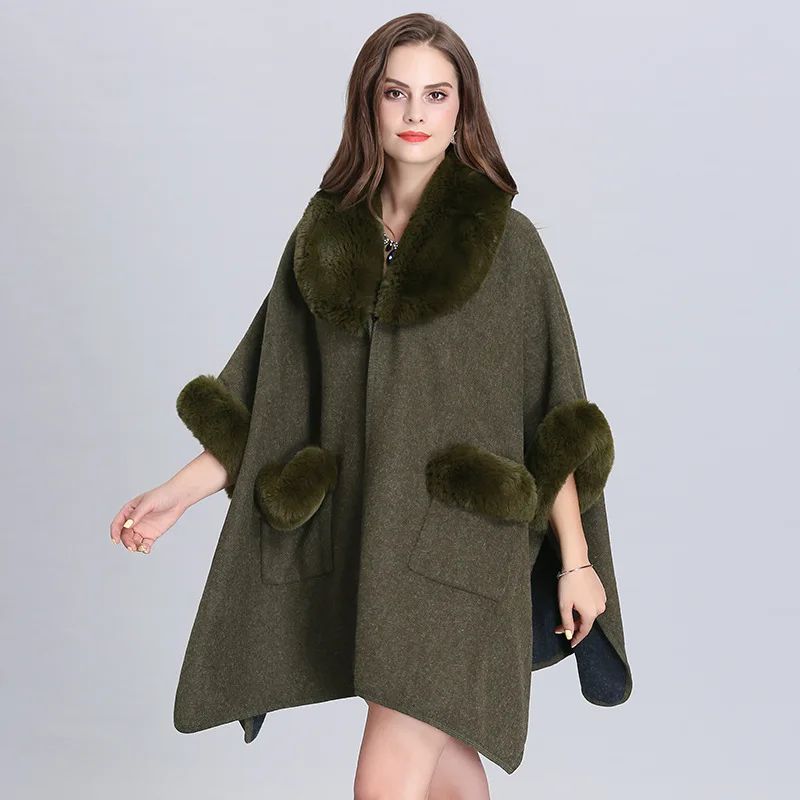 Poncho de cuello de piel de zorro sintética para mujer, cárdigan largo de talla grande, ropa de calle suelta, abrigo cálido, 8 colores, invierno,
