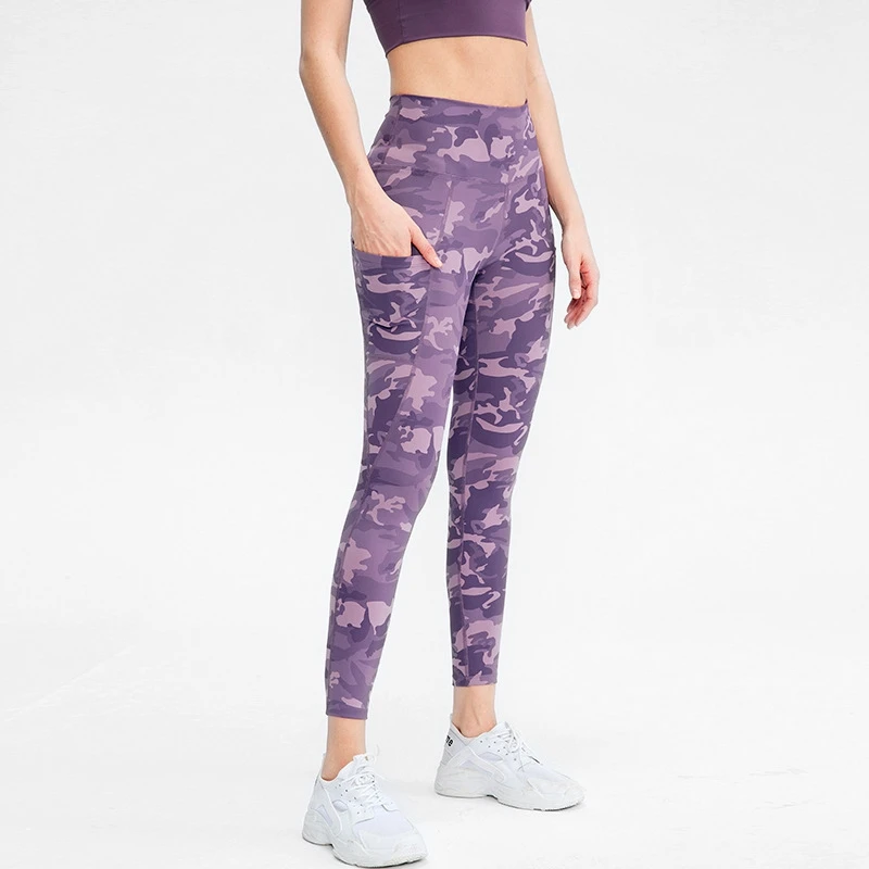 Women's New Yoga Print Trousers Nude Skin-friendly Side Pockets Tight Sports Pants Stretch Fitness Training Bell-bottoms