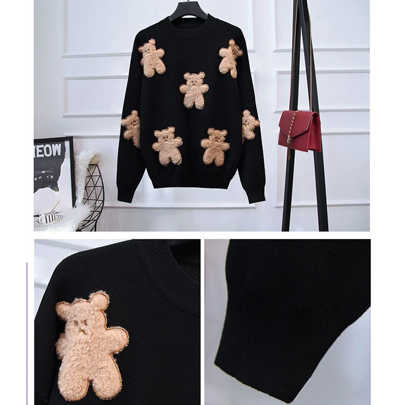 2021 Spring Autumn Women Fashion Long Sleeve Bear Patch Knitting Sweater Suit + Little Feet Casual Pants Female Two Piece Sets