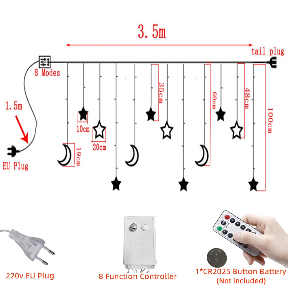 Rideau lumineux led scintillant avec lune et étoile, 220V, prise ue, guirlande lumineuse féerique de noël, éclairage de salle, décoration de mariage