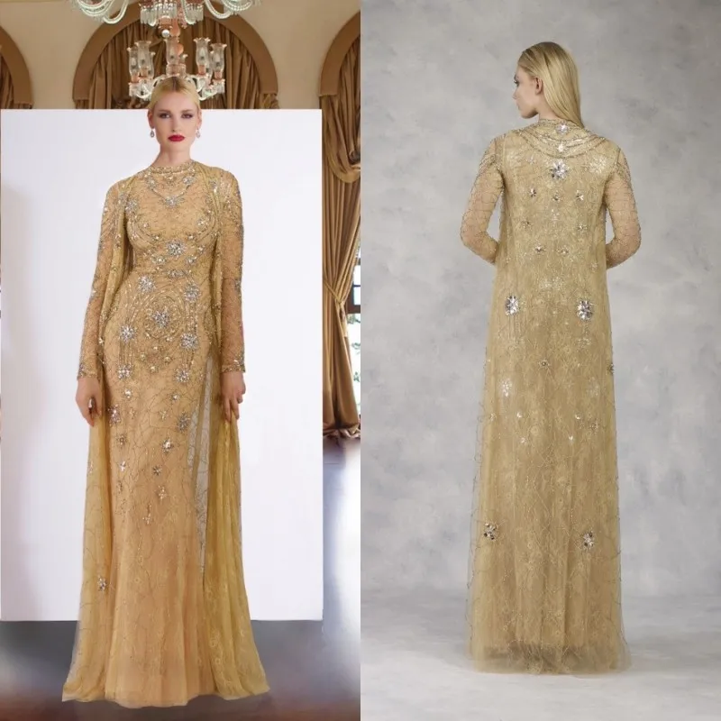 2020 Latest Gold Mother Of The Bride Dresses With Cape Lace Appliqued Beaded Mother Of The Groom Gowns Plus Size