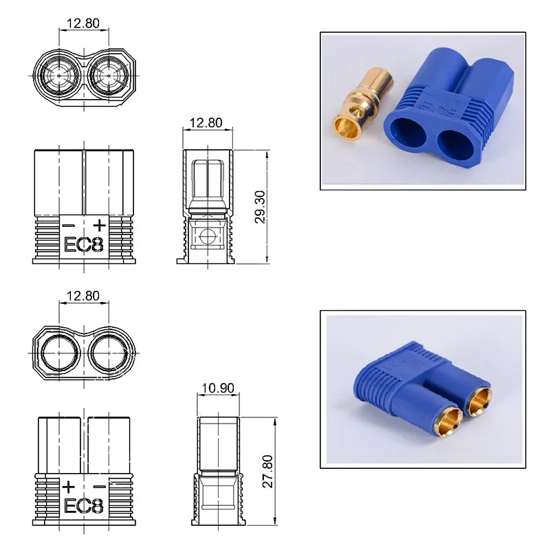 1 Pairs EC8 Connector Gold-Plated  8.0mm Banana Plug Gold Bullet Connector Female Male for RC ESC LIPO Battery/Motor Car