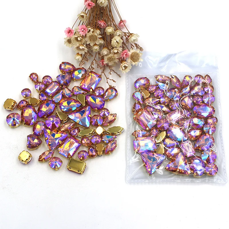 Sell at a loss! 50pcs/bag mixed shape Water red AB glass crystal sew on gold base rhinestones diy clothing accessories