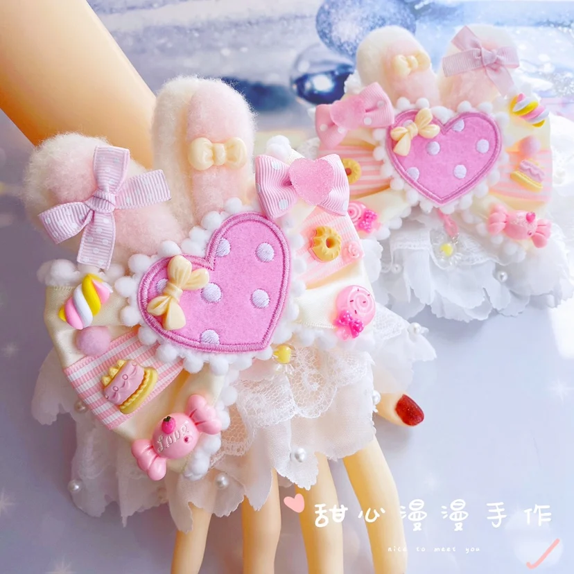 Sweet Lolita Cute Plush Rabbit Ear Hand Sleeve Handmade Bracelet Princess Lace Trim Bowknot Badge Brooch Pins Wrist Decoration