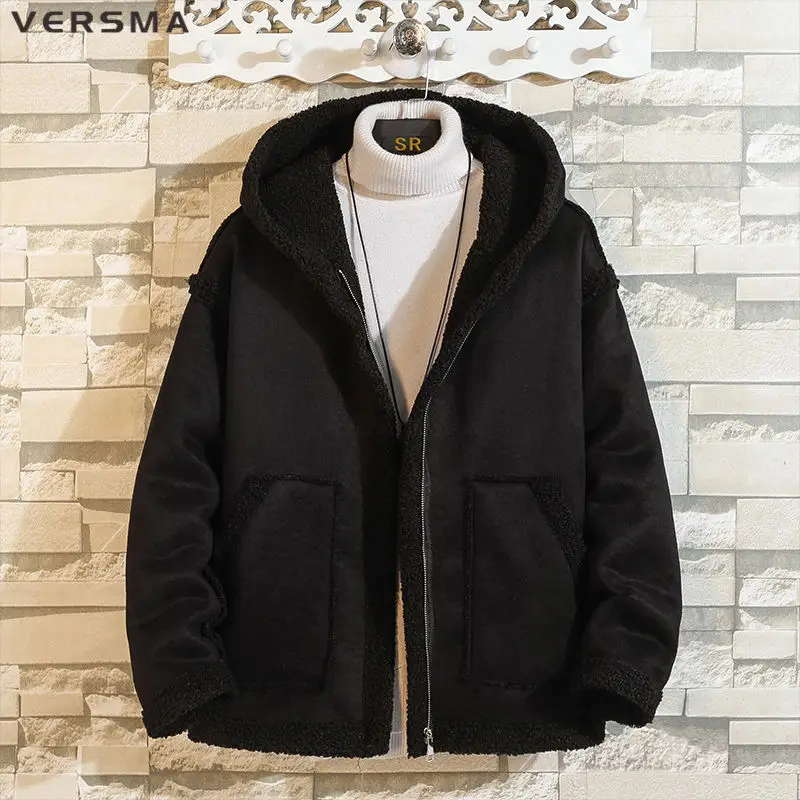 Versma inverno grosso veludo pele de cordeiro lã jaqueta casaco masculino parka japonês na moda cor sólida jaquetas casuais plus size dropshipping