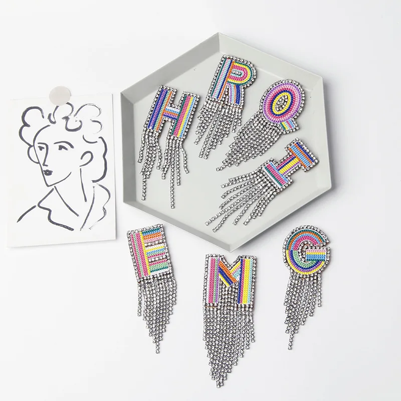 A-Z 26pc Rhinestones Letters Iron on Patches for Clothing Tassel Embroidered Appliques Sticker Stripes Badge Diy Craft