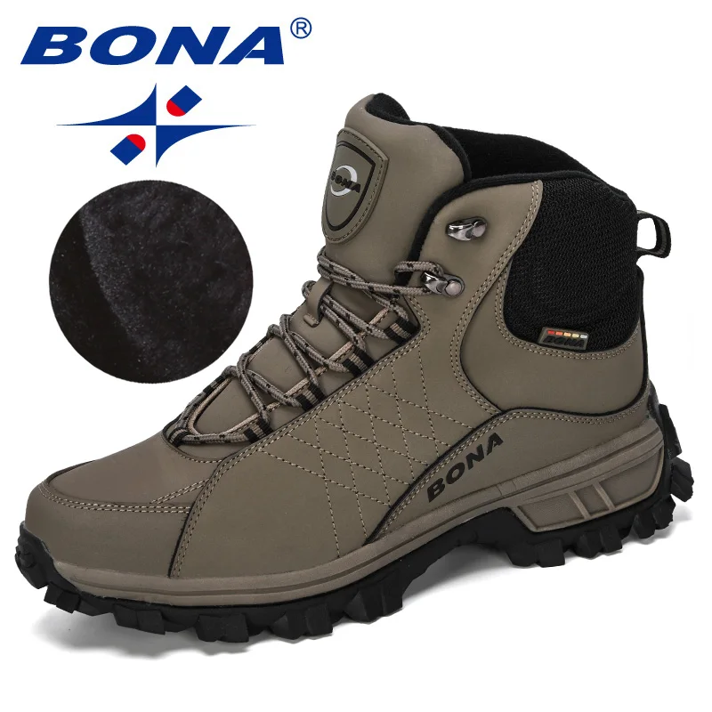 Bona novos designers homens tornozelo caminhadas botas, mais tamanho moda clássico calçado de trekking ao ar livre botas de inverno de pelúcia homem confortável