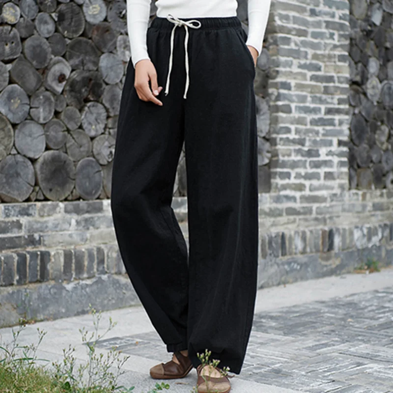 Wide Leg Harem Pants Trousers Chinese Style Streetwear Women Ethnic Vintage Elastic Waist Loose Long Cotton Linen  Slacks