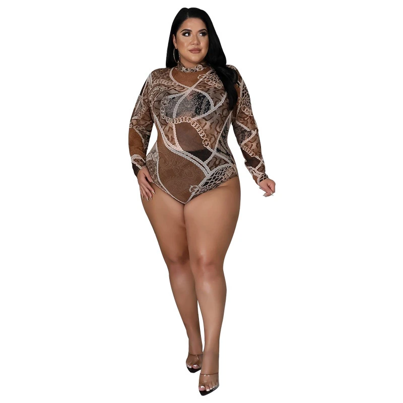 Sexy Outfits Women Plus Size Clothing Long Sleeve Bodysuit and Pants Clubwear Transparent Mesh Party Two Piece Set Dropshipping