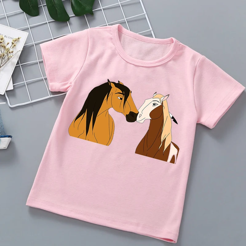 2024 Hot Spirit Mustang Tshirt Girls T-Shirt Anime Clothes Cartoon Kids Clothes Funny Children'S Clothing Pink Shirt Tee Tops